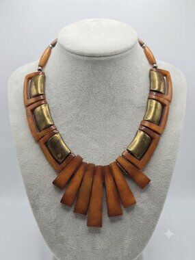 Vintage Carved Bone Brass Collar Necklace Mid Century Geometric Statement Fan